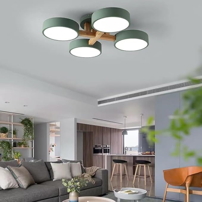 LED Flush Mount Ceiling Light Fixture with 3000K/4000K/6000K Temperatures Selectable,24Inch 44W Chandelier Modern Wood Ceiling Lamp for Bedroom Kitchen, 4-Lights Indoor Lighting Green Pendant Light