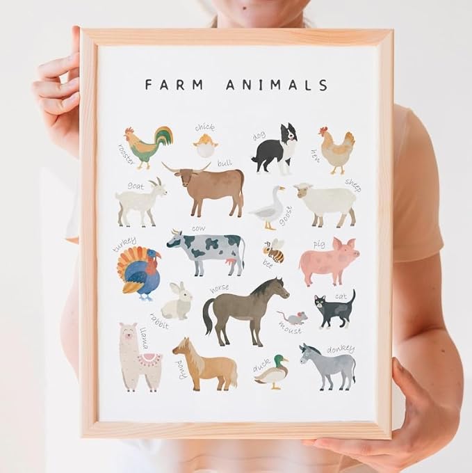 OZCONO Farm Animals Learning Poster, Vibrant Rural Wildlife Chart Kids, Playroom Wall Decor Art, Homeschool Education Guide (Unframed) (11x14)