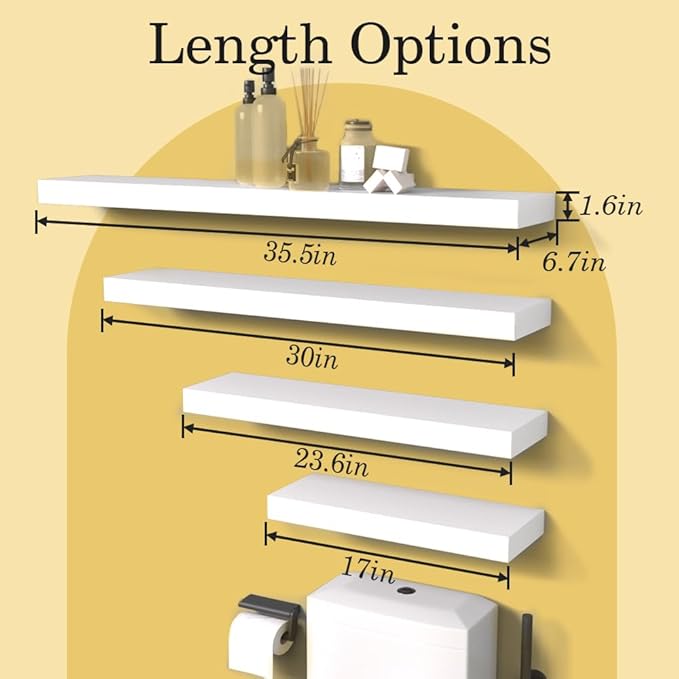 Habudda Floating Shelves, Natural Wood Wall Shelf, White Wooden Rustic Decor for Bathroom Kitchen Bedroom, 23.6 inches Hanging Mounted Invisible Bracket, 2 Set