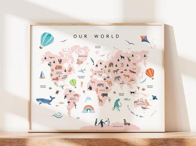 OZCONO World Map Learning Poster, Colorful Animal Chart Kids, Preschool Wall Decor Art, Homeschool Education Guide (Unframed) (20x30)