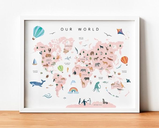 OZCONO World Map Learning Poster, Colorful Animal Chart Kids, Preschool Wall Decor Art, Homeschool Education Guide (Unframed) (20x30)