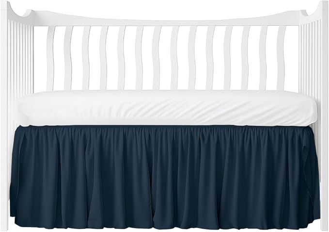 Crib Bed Skirt Dust Ruffle with Split Corners, 100% Cotton, Navy Blue Nursery Crib Skirt for Baby Boys or Girls, 28x52, 14" Drop, Toddler Bed Skirt, Baby Bedding, Crib Sheet Skirt, Soft & Breathable