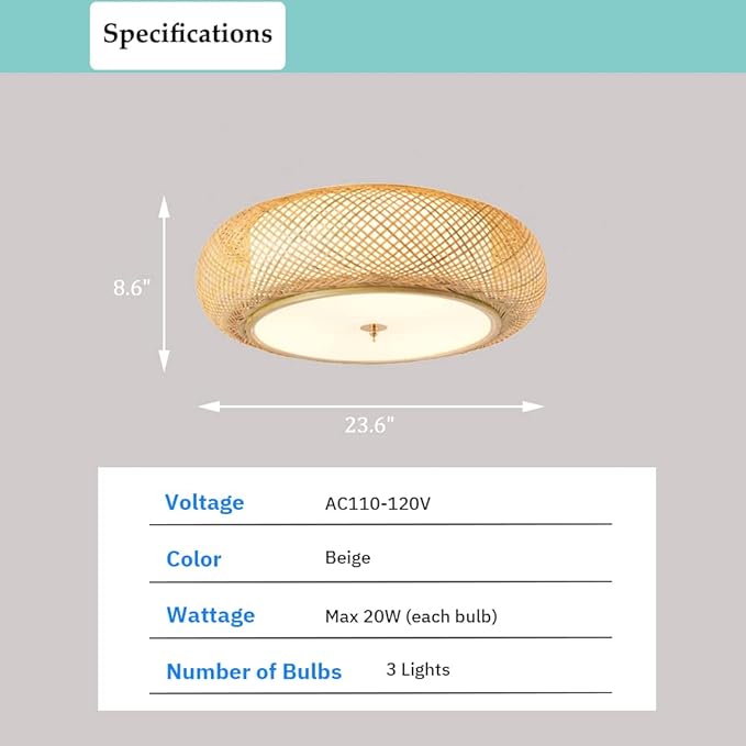 Bamboo Flush Mount Ceiling Light Handwoven Rattan Light Fixture, 3 Lights Boho Ceiling Lamp for Bedroom, Living Room (23-inch)