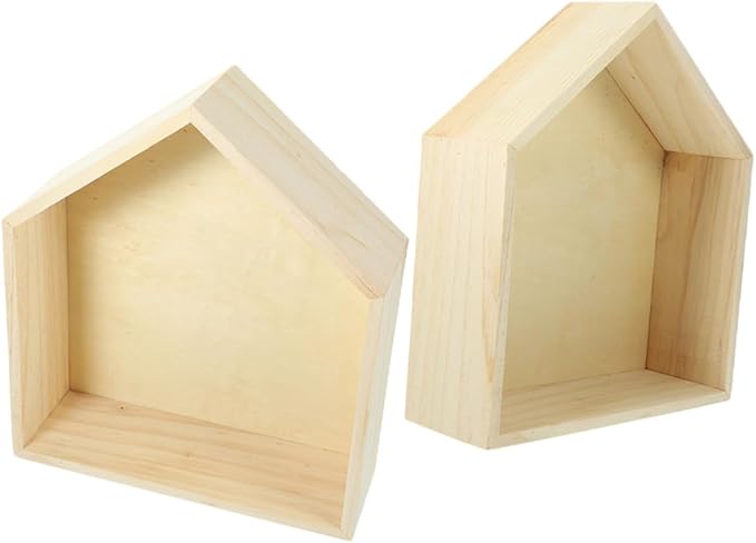 2pcs Wooden House-Shaped Floating Wall Shelf Solid Wood Storage Rack for Bedroom Living Office Decorative Display for Figures Picture Frames
