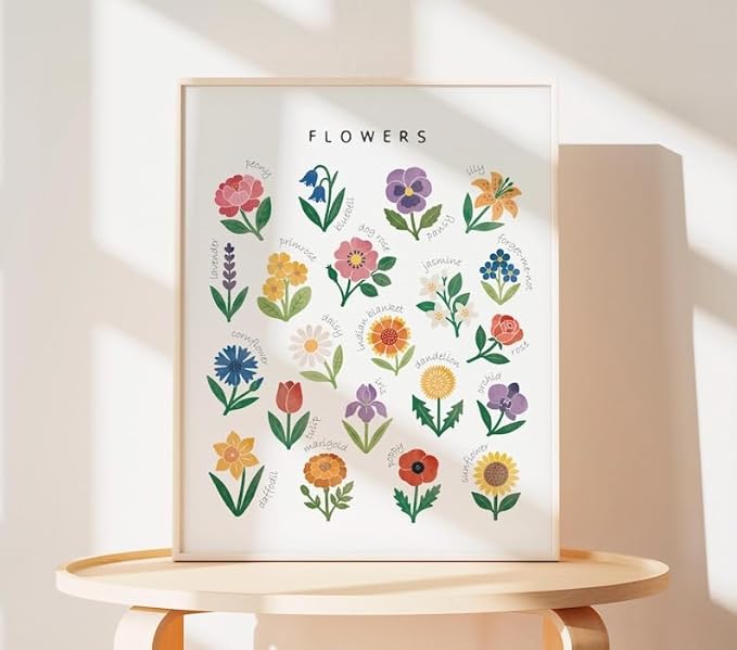 OZCONO Flowers Learning Poster, Vibrant Nature Chart Kids, Preschool Wall Decor Art, Homeschool Education Guide (Unframed) (9x11)
