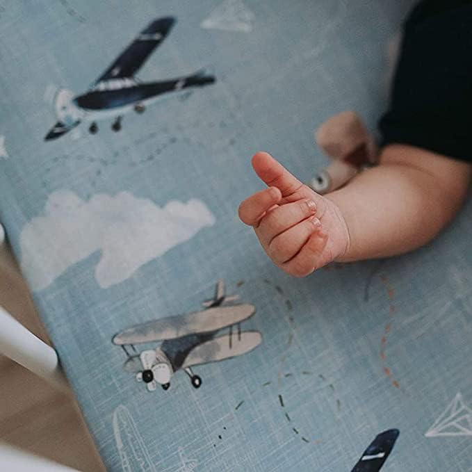 Crib Sheets Neutral - Fitted Baby Crib Sheets Bed for Girl Boy - 2 Pack Standard & Toddler Mattress - Buttery Soft Organic Cotton Blend (Airplanes in The Clouds)