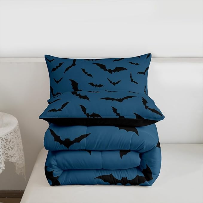 Erosebridal Halloween Bat Comforter Set Gothic Bats Bedding Set King Size,Black Blue Spooky Goth Quilt for Kids Boys Girls Adults Vintage Halloween Decor Down Comforter,Horror Room Decor