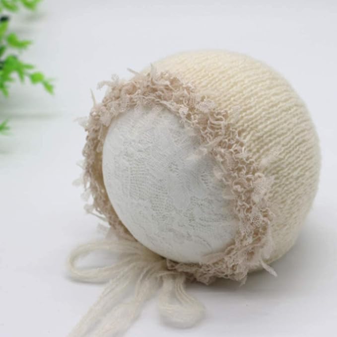 Newborn Infant Baby Boys Girls Photography Props Mohair Hat Wrap Blanket Cloth Set (Creamy-White)