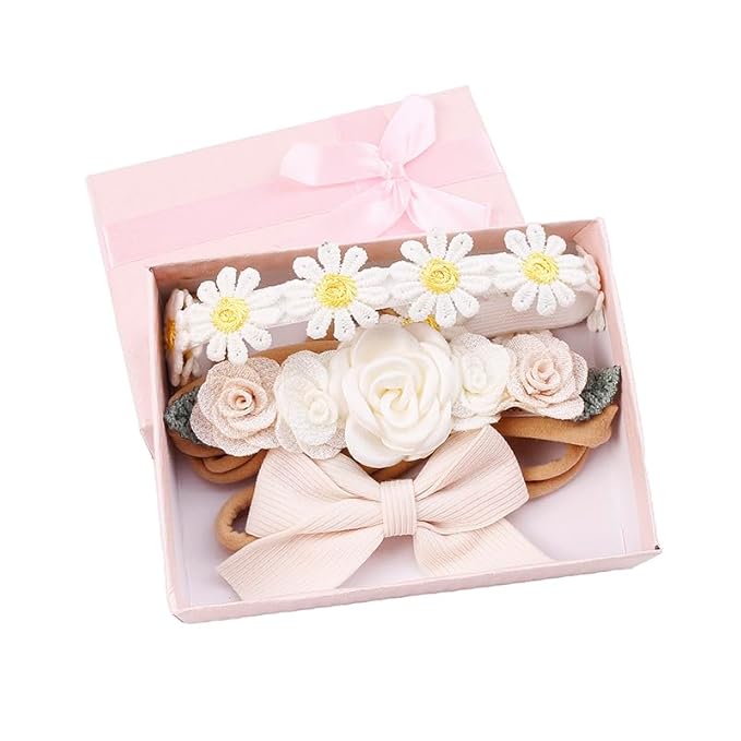 cherrboll Baby Girl Nylon Headbands, 3Pcs Handmade Floral Hair Bows, Stretchy Flower Hairbands for Newborns Infants Toddlers