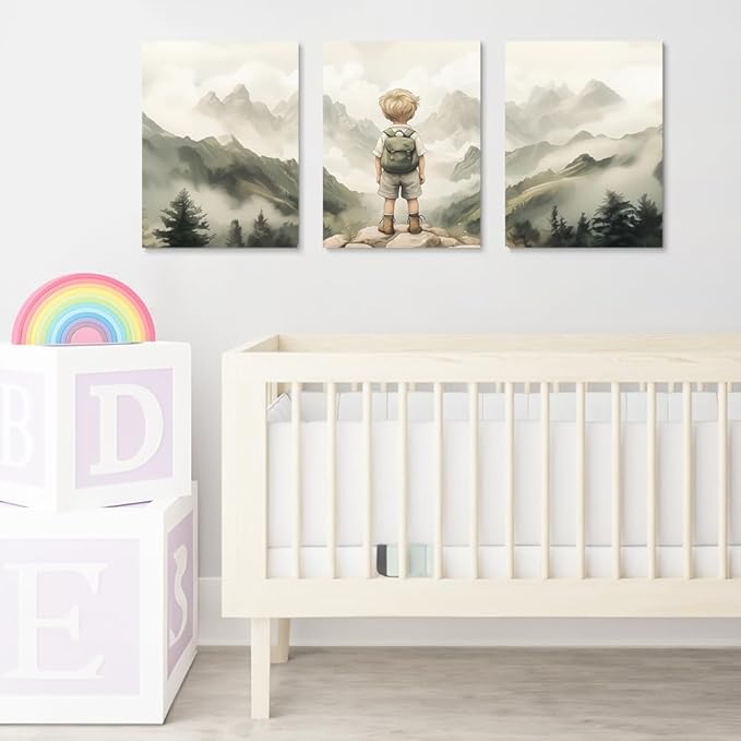 3-Piece Adventure Boy Nursery Wall Art | Mountain & Woodland Canvas Decor for Toddler Room, Adventure Kids Room Nursery Wall Decor, Framed Canvas Set, 12"x16"