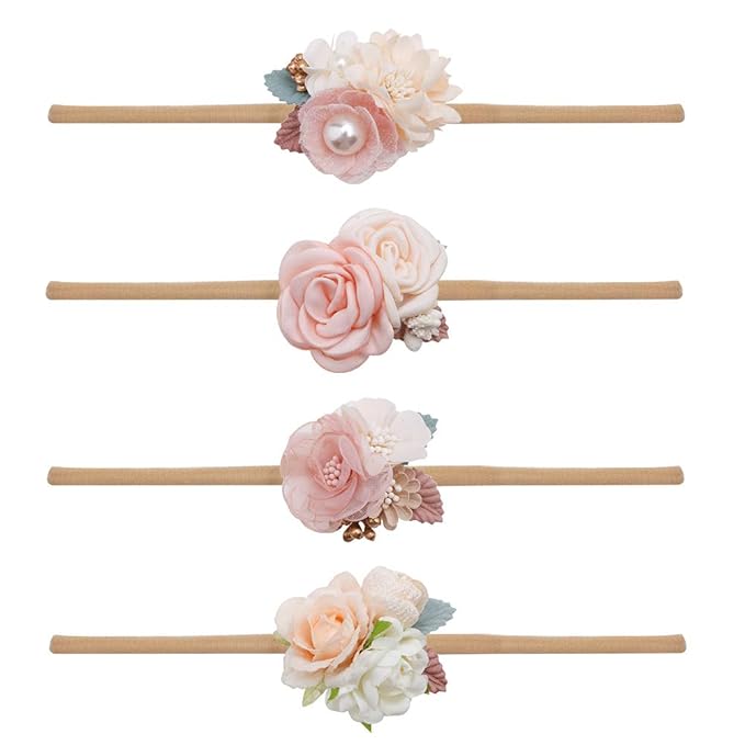 cherrboll 4pcs Baby Girl Headbands Flowers, Super Soft & Stretchy Nylon Floral Hairbands for Newborn Toddler