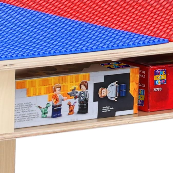 Contender Time-2-Play Deluxe Hardwood Red & Blue Lego Compatible Play Table for Kids with Storage, Activity Desk for Playroom with 30.75" W Rectangular Table Top & 16" Long Legs