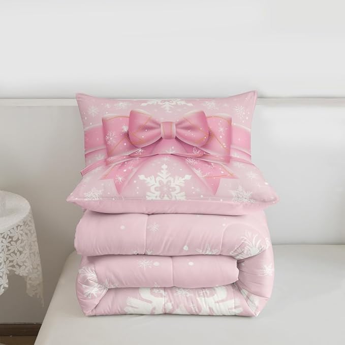 Feelyou Pink Bow Comforter Set All Season Coquette Bow Knot Bedding Set with 2 Pillow Cases Xmas Snowflake Kids Full Bedclothes Cute Dreamy Princess Style Decor Christmas Duvet Quilt Soft Lightweight