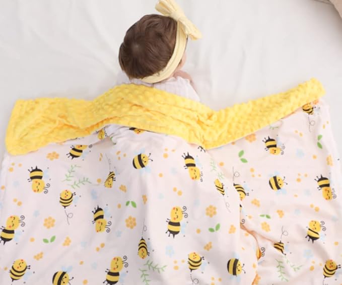 Bee Minky Blanket - Soft Double Layer Plush, Toddler to Newborn, Dotted Backing, Shower Gifts (30 X 40 inches)