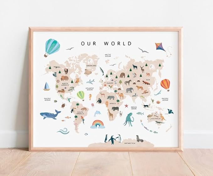 OZCONO Animal World Map Poster, Kids Educational Geography Decor, Safari Animals Nursery Art, Montessori Learning Wall Print (Unframed) (16x24)