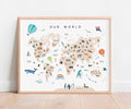 OZCONO Animal World Map Poster, Kids Educational Geography Decor, Safari Animals Nursery Art, Montessori Learning Wall Print (Unframed) (24x36)