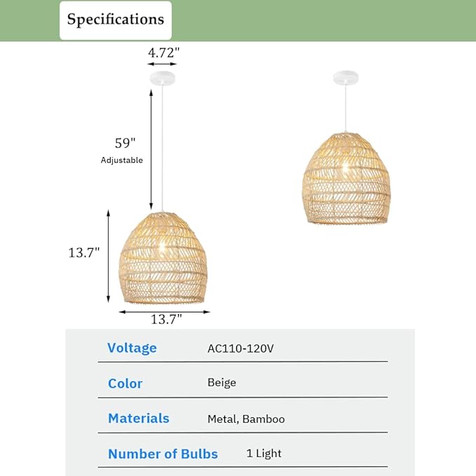 Bamboo Pendant Light Fixture Boho Style 1 Lights Rattan Pendant Lamp Woven Hanging Light for Kitchen Island Nursery in Beige(13.7" W)