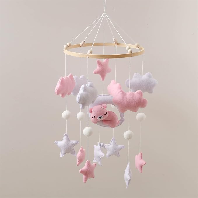 Baby Crib Mobile - Sleeping Bear Mobile for Crib, Felt Cloud Stars Nursery for Boys and Girls, Baby Nursery Hanging Decor (E)