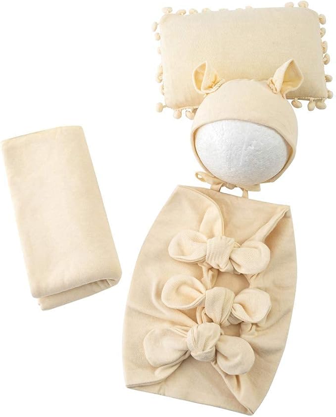 Vemonllas Newborn Baby Boy Girl Photography Props Bow Wrap, Posing Aid, Hat and Blanket Set of 4 Pcs