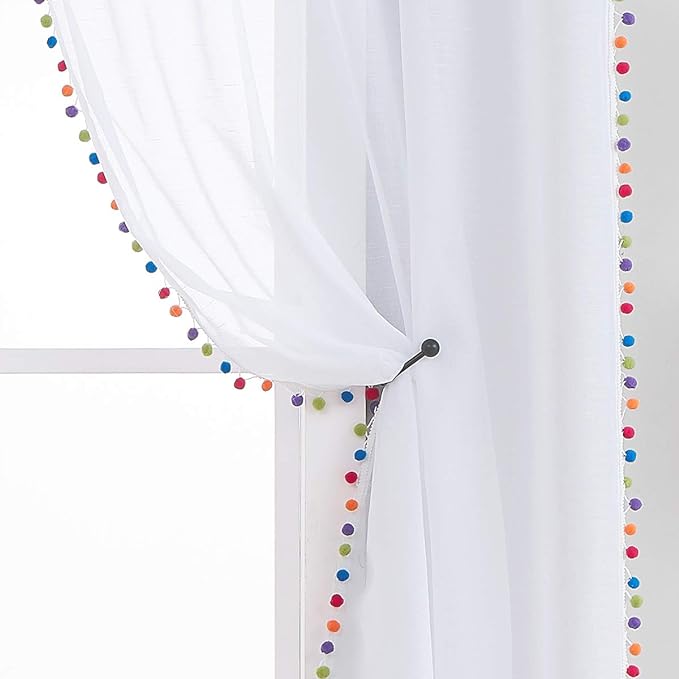 Treatmentex White Sheer Curtains Multi Colorful Pom Pom Sheer Drapes 63" inches Long Window Draperies for Nursery Room Bed Canopy 2 Panels Rod Pocket