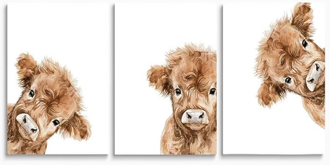 Peeking Cow Nursery Wall Art, Cute Highland Cow Print, 3 Piece Watercolor Baby Animal Nursery Wall Decor, Farmhouse Picture for Baby Boy Girl Room Decor, Framed Canvas Set, 12"x16"x3
