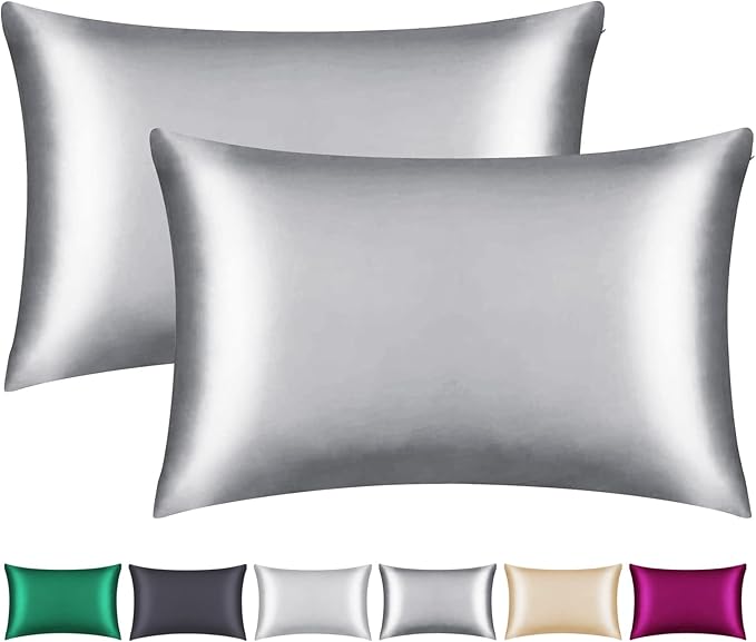 100% Mulberry Silk Pillowcase 2 Pack for Hair and Skin,with Hidden Zipper,Both Sides 22 Momme Natural Silk Pillow Cover,Soft Breathable & Smooth (Gray, Standard)