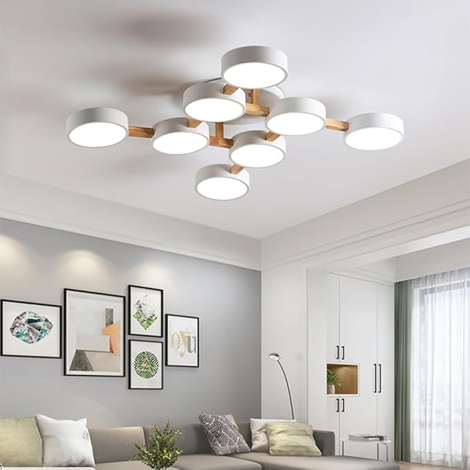 LED Flush Mount Ceiling Light Fixture with 3000K/4000K/6000K Temperatures Selectable,44Inch 96W Chandelier Modern Wood Ceiling Lamp for Bedroom Kitchen, 8-Lights Indoor Lighting White Pendant Light