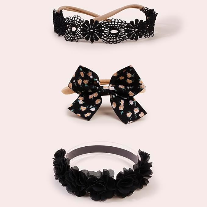 cherrboll Baby Girl Nylon Headbands, 3Pcs Handmade Floral Hair Bows, Stretchy Flower Hairbands for Newborns Infants Toddlers