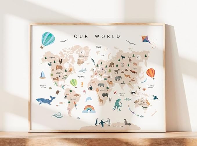 OZCONO Animal World Map Poster, Kids Educational Geography Decor, Safari Animals Nursery Art, Montessori Learning Wall Print (Unframed) (11x14)