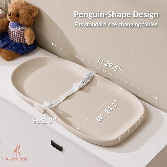 Luxury Little Portable EVA Baby Changing Pad Waterproof Changing Pad for Diaper Changes,Dressing,Baby Massage & Moisturizer Application,Soft & Non-Slip,Adjustable Safety Belt,Penguin Design,Beige
