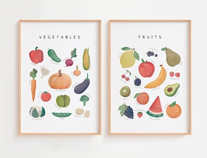 OZCONO Vegetables and Fruits Educational Posters, Harvest Chart Kids, Classroom Decor, Rainbow Nursery Wall Art, Homeschool Education Guide (Unframed) (12x18)