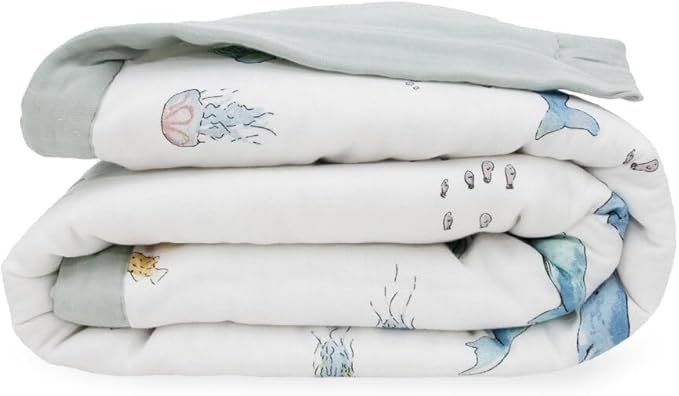 Little Unicorn Lofty Comforter Blanket | Super Soft & Breathable Muslin Fabric| Great for Play & Bedtime Blanket (Whales)