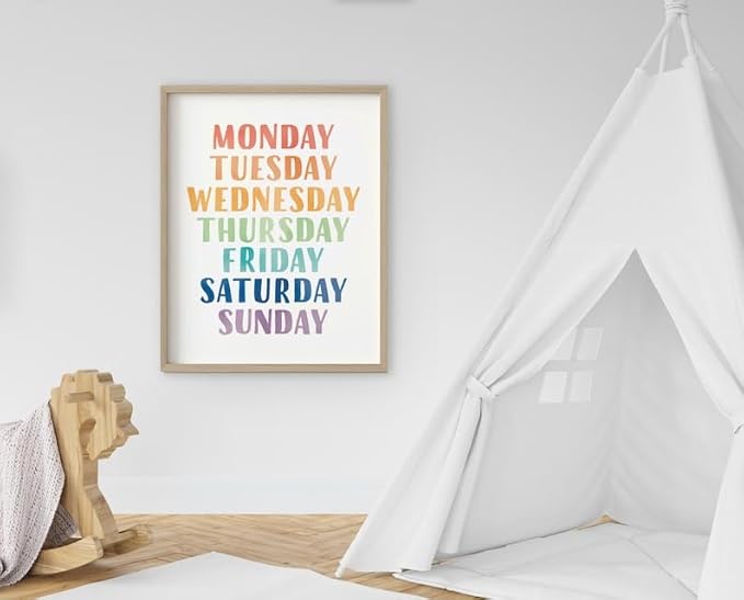 OZCONO Rainbow Days Week Poster, Colorful Learning Chart Kids, Preschool Wall Decor Art, Homeschool Education Guide (Unframed) (12x18)