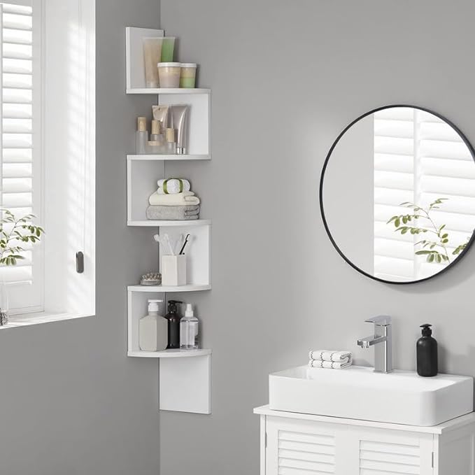 VASAGLE Corner Shelf Wall Mount, 5-Tier Floating Corner Bookshelf, Plant Shelf for Bedroom, Living Room, Bathroom, Home Office, Cloud White