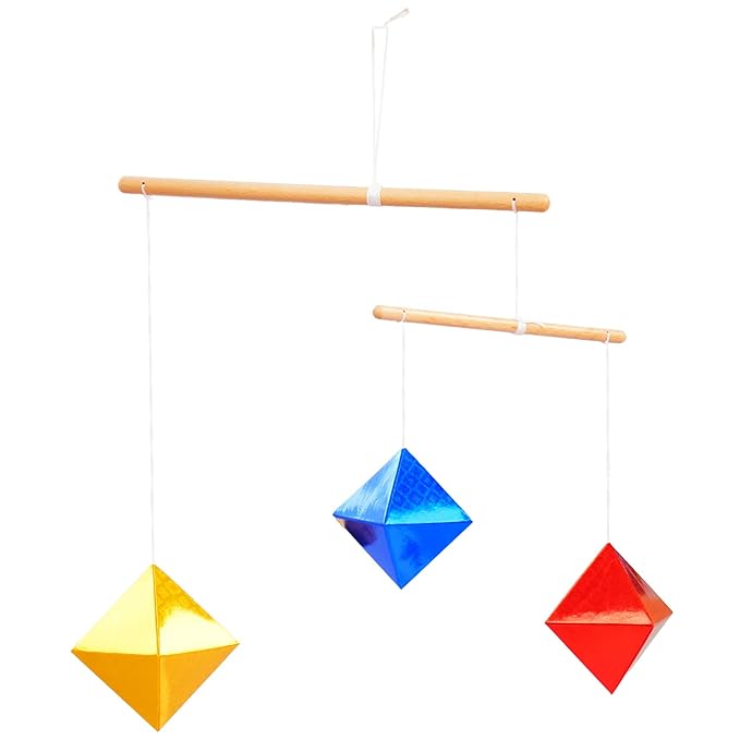 Geometric Octahedron in Multiple Sizes Hanging Mobile, Montessori Mobile, Yellow Blue Red, Wooden Dowel