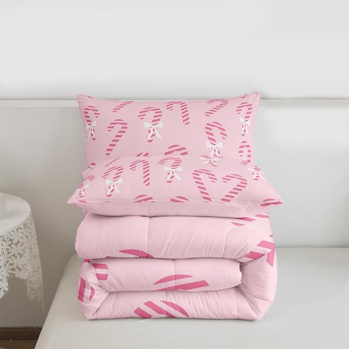 Feelyou Merry Christmas Comforter Set Toddler Size Pink Candy Cane Bedding Set for Kids Boys Girls Bow Duvet Quilt Bedroom Decor Microfiber 2 Pcs with 1 Pillow Cases