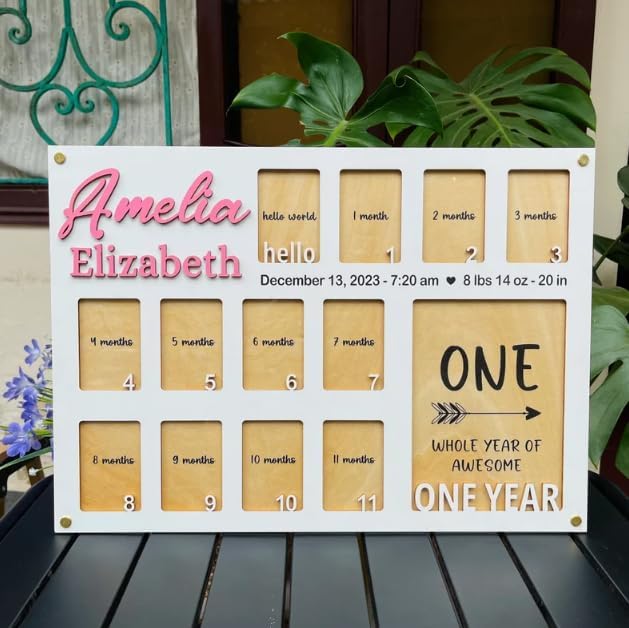 Personalized 1st Birthday Picture Frame – Wooden My First Year Photo Board for Baby Girl, Custom Picture Frame Keepsake, One Year Old Birthday Decorations, Photo Display Board