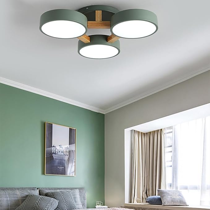 LED Flush Mount Ceiling Light Fixture with 3000K/4000K/6000K Temperatures Selectable,21Inch 33W Chandelier Modern Wood Ceiling Lamp for Bedroom Kitchen, 3-Lights Indoor Lighting Green Pendant Light
