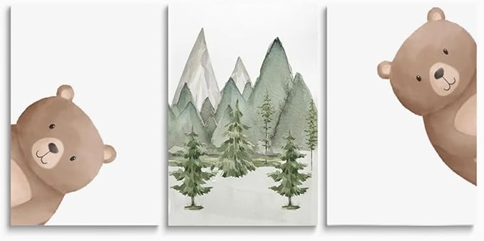 Peeking Bear Nursery Wall Decor, Woodland Nursery Nature Print, Neutral Baby Animals Wall Art for Kid Bedroom, Forest Mountain Wall Art for Baby Boy Girl Bedroom, Framed Canvas, 12"x16"x3