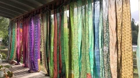 YILLE Boho Silk Sari Curtain Panel,1 Piece Vintage Handmade Lightweight Recycled Indian Silk Saree Window Drapes for Bohemian Living Room, Aesthetic Home Décor Wall Hanging - Blue, 84 X 43 in