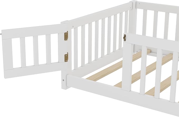 Bellemave Twin Size Floor Bed with Rails for Kids, Girls, Boys, Pine,Plywood Floor Bed with slats and Door, White