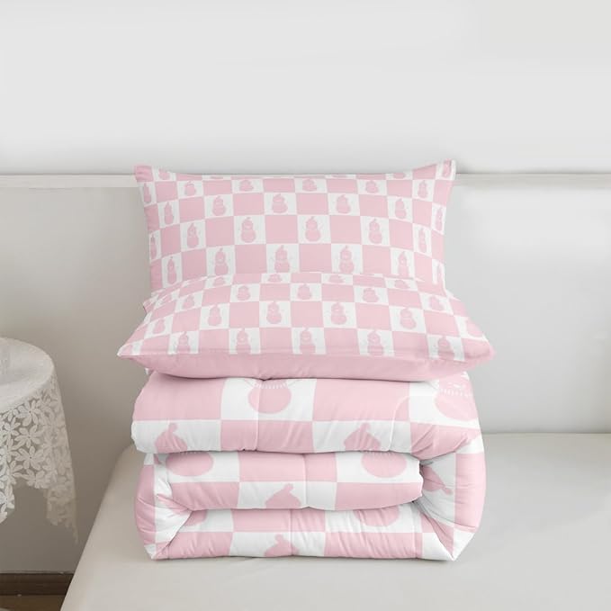 Feelyou Christmas Comforter Set Twin Size Checkered Bedding Set for Kids Boys Girls Snowman Duvet Quilt Xmas Decorations Bedroom Decor Pink Microfiber 2 Pcs with 1 Pillow Cases Soft Lightweight