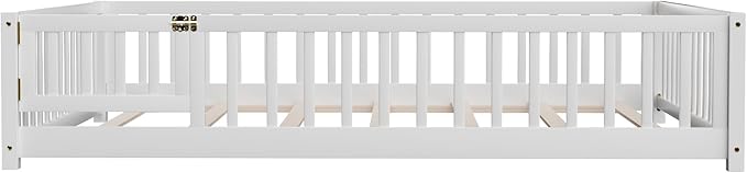 i-POOK Full Size Floor Bed for Children, Solid Wood Montessori Bed Frame with Fence & Door Montessori Floor Bed with Safety Guardrails for Girls and Boys, White (with Bed Slats)