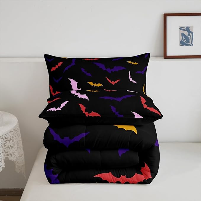 Erosebridal Bat Bedding Set Full Size for Kids Children Happy Halloween Comforter Set Flying Bat Quilt Gothic Spooky Down Comforter with 2 Pillow Cases,Purple and Pink