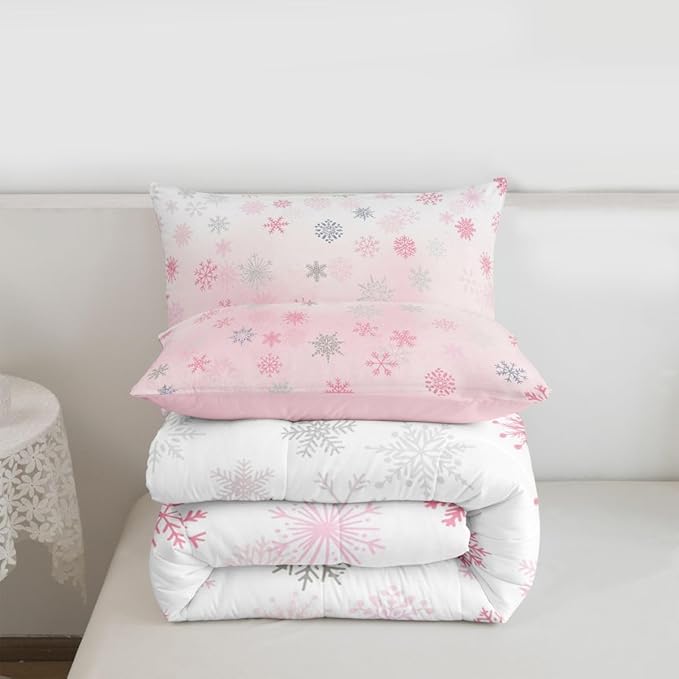 Feelyou Pink Snowflake Comforter Set Twin, Glitter Snowflake Comforter for Boys Girls Winter Theme Bedding Set Winter Holiday Duvet Set Decorative 2Pcs