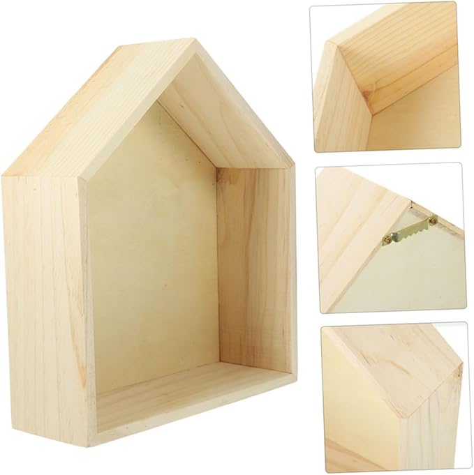 2pcs Wooden House-Shaped Floating Wall Shelf Solid Wood Storage Rack for Bedroom Living Office Decorative Display for Figures Picture Frames