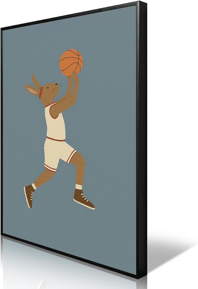 Basketball Canvas Wall Art, Nursery Animal Sports Posters, Bunny Rabbit Athletes Pictures, Positive Quote Print, Kids Bedroom Basketball Court & Hoop Decor 8x12in Wrapped Canvas