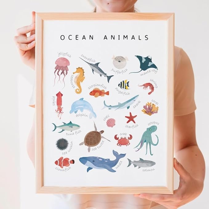 OZCONO Ocean Animals Learning Poster, Vibrant Sea Life Chart Kids, Preschool Wall Decor Art, Homeschool Education Guide (Unframed) (27x40)