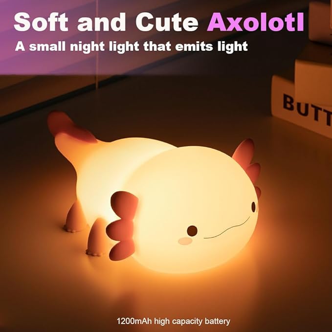 Axolotl Night Light for Kids Bedroom, Animal Silicone Nursery Night Lamp Touch Dinosaurs Nightlights USB Rechargeable Bedside Lamp for Baby Children Toddlers Girls Gift (Pink Axolotl)