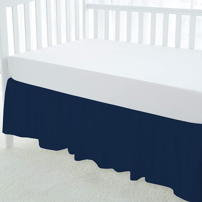 100% Egyptian Cotton, Nursery Crib Toddler (24" x 38" + 10") 800 Thread Count Crib Skirt Dust Ruffle, Bedding Skirts for Baby Boys or Girls, 10" Drop, Navy Blue Solid